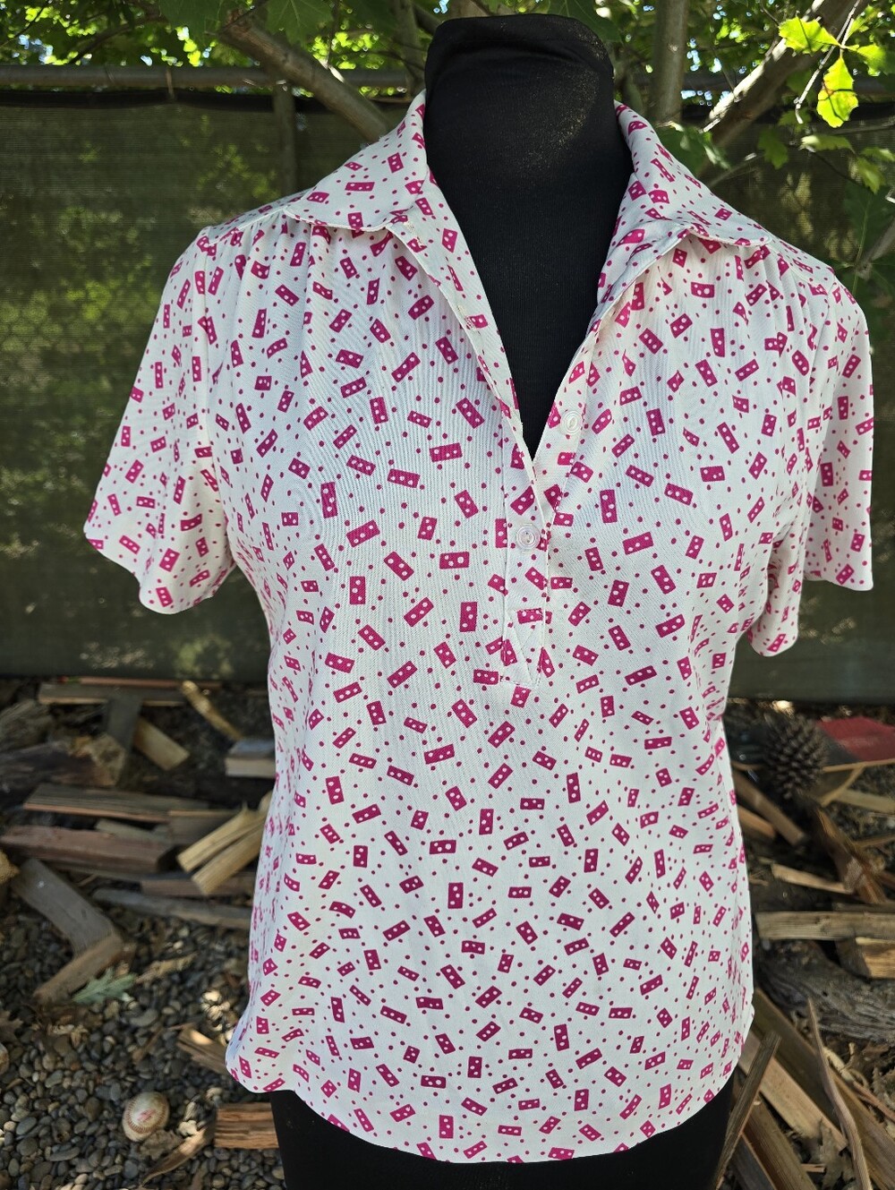 Vtg 70's Ditzy Print Polo Shirt Retro Preppy Sporty Kitsch Novelty California